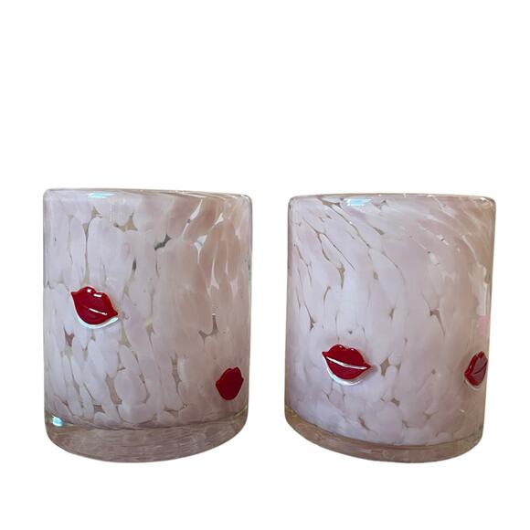 Pink Valentine's Day RED LIP Double Old Fashioned Glasses 14oz Set of 2 New - Picture 2 of 16